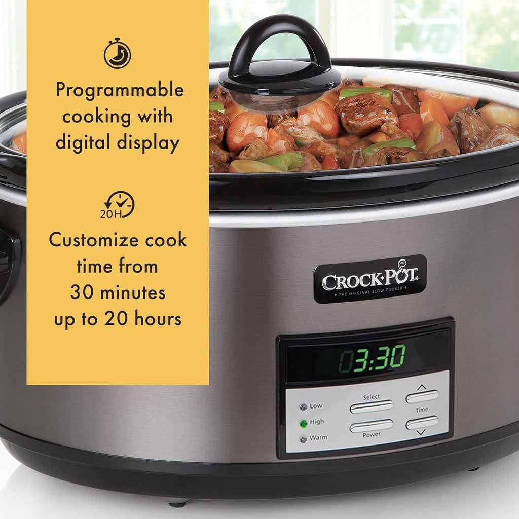 Large 8-Quart Programmable Slow Cooker with Auto Warm Setting Black Stainless Steel