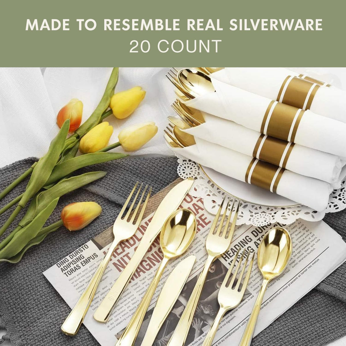 Gold Plastic Silverware Pre-Rolled Sets; Fork, Spoon, and Knife Rolls, Pack of 20 Pre-Rolled Sets