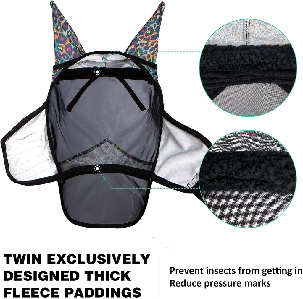 Pro LumiVista Horse Full Face Fly Mask Large Eye Space Long Nose with Ears UV Protection for Horse Iridescent Prints L