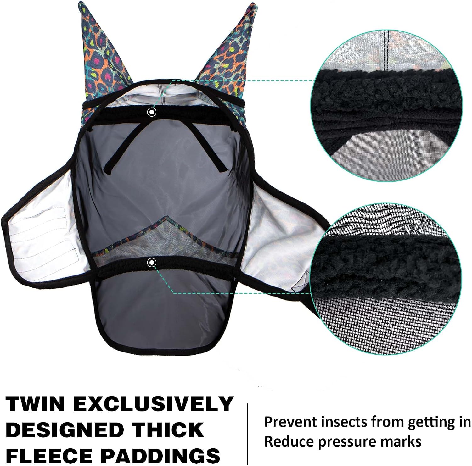 Pro LumiVista Horse Full Face Fly Mask Large Eye Space Long Nose with Ears UV Protection for Horse Iridescent Prints L