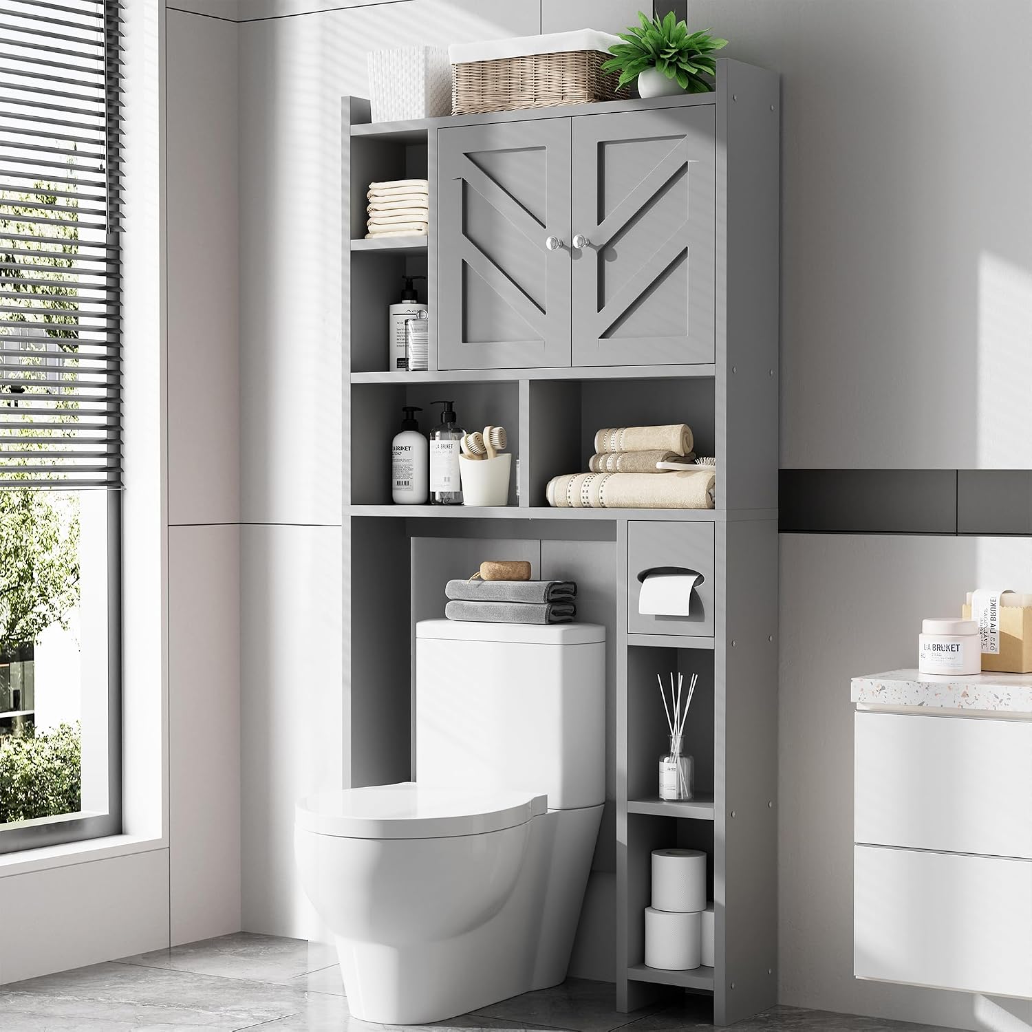 Over the Toilet Storage Cabinet, Freestanding Farmhouse Storage Cabinet Over Toilet, Bathroom Organizer with Paper