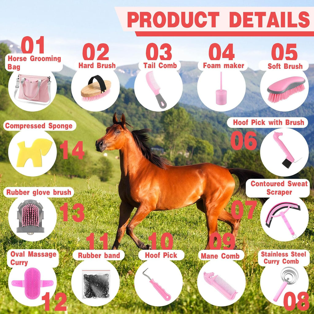 15 Pieces Horse Grooming Kit with Organizer Tote Bag Tack Room Supplies Horse Brush Sets Care Equine Cleaning Kit