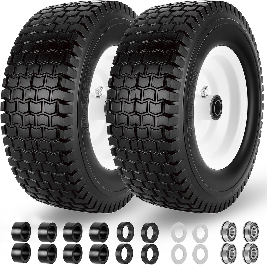 13x5.00-6 Flat Free Tire and Wheel with 3/4" & 5/8" Bearings – 2 Pack 13x5x6 Solid Lawn Mower Tires for Riding Lawn