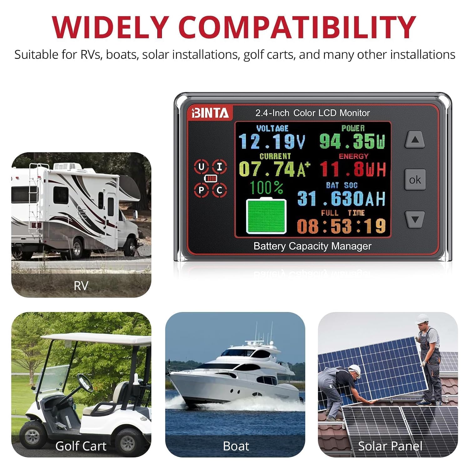 500A Battery Monitor Shunt 8-100V 2.4 Inch Color Screen Sliding Cover