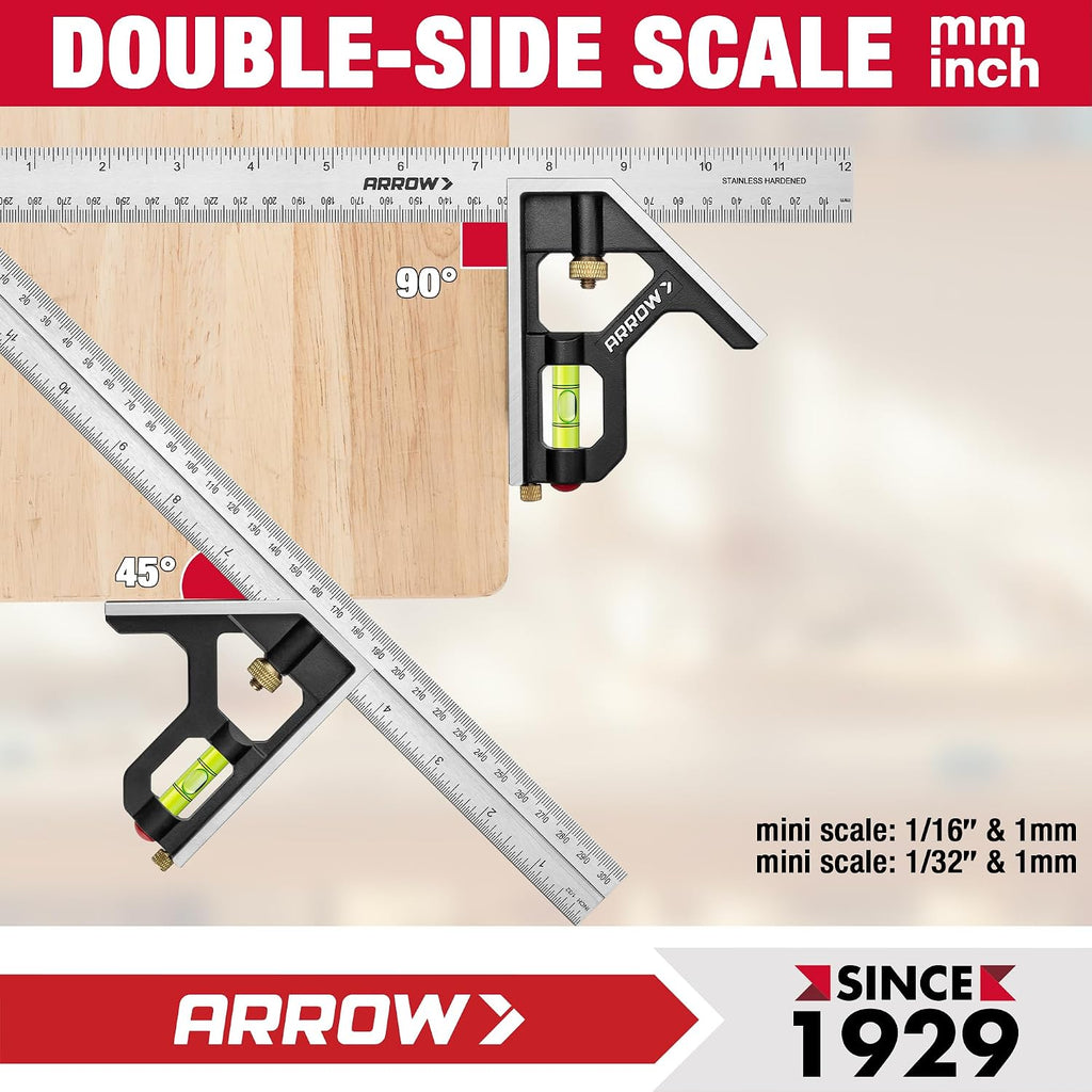Arrow 7" Alloy Carpenter Square and 12" Combination Square Set | Aluminum Alloy, Zinc Alloy, Woodworking Rafter