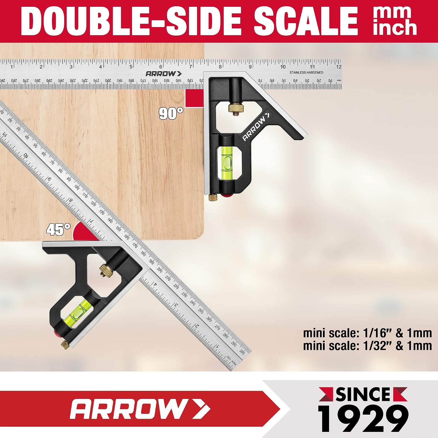 Arrow 7" Alloy Carpenter Square and 12" Combination Square Set | Aluminum Alloy, Zinc Alloy, Woodworking Rafter