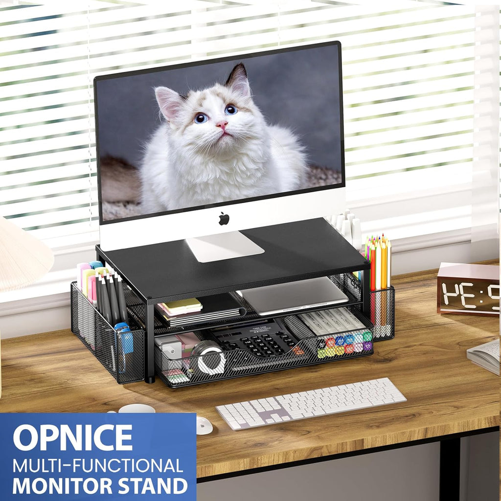 Desk Organizer and Accessories, 2-Tier Computer Monitor Stand Riser with Drawer and 2 Pen Holders, Laptop Stand