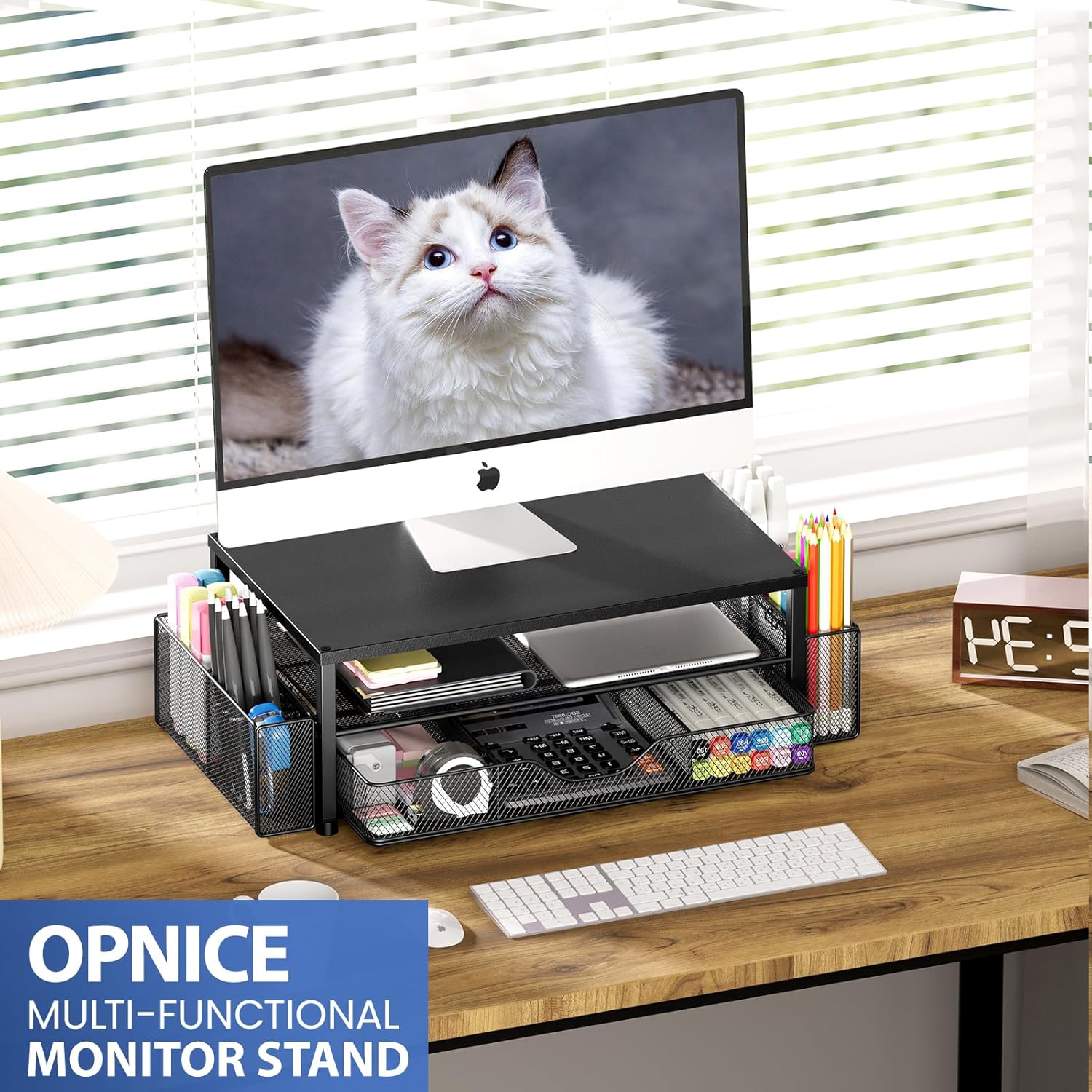Desk Organizer and Accessories, 2-Tier Computer Monitor Stand Riser with Drawer and 2 Pen Holders, Laptop Stand