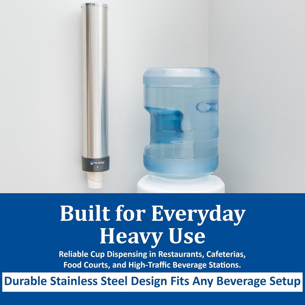 San Jamar Small Pull-Type Cup Dispenser 6 - 10 Oz. Cups for Restaurants, Home, and Office, Stainless Steel, 23.5