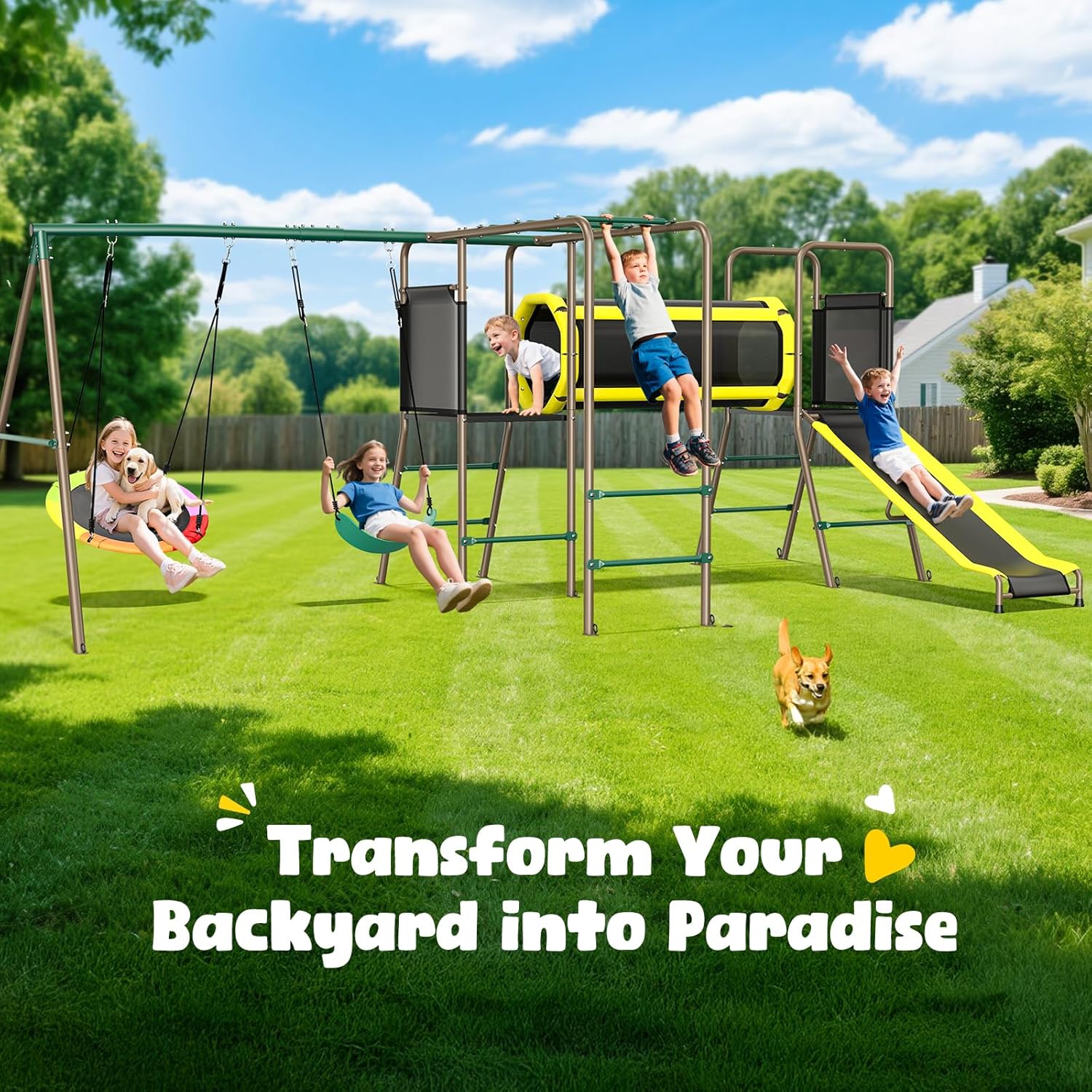 660lbs Swing Set with Slide,Crawl Tunnel and Monkey Bars for Backyard,5 in 1 Metal Swingset Outdoor for Kids Aged