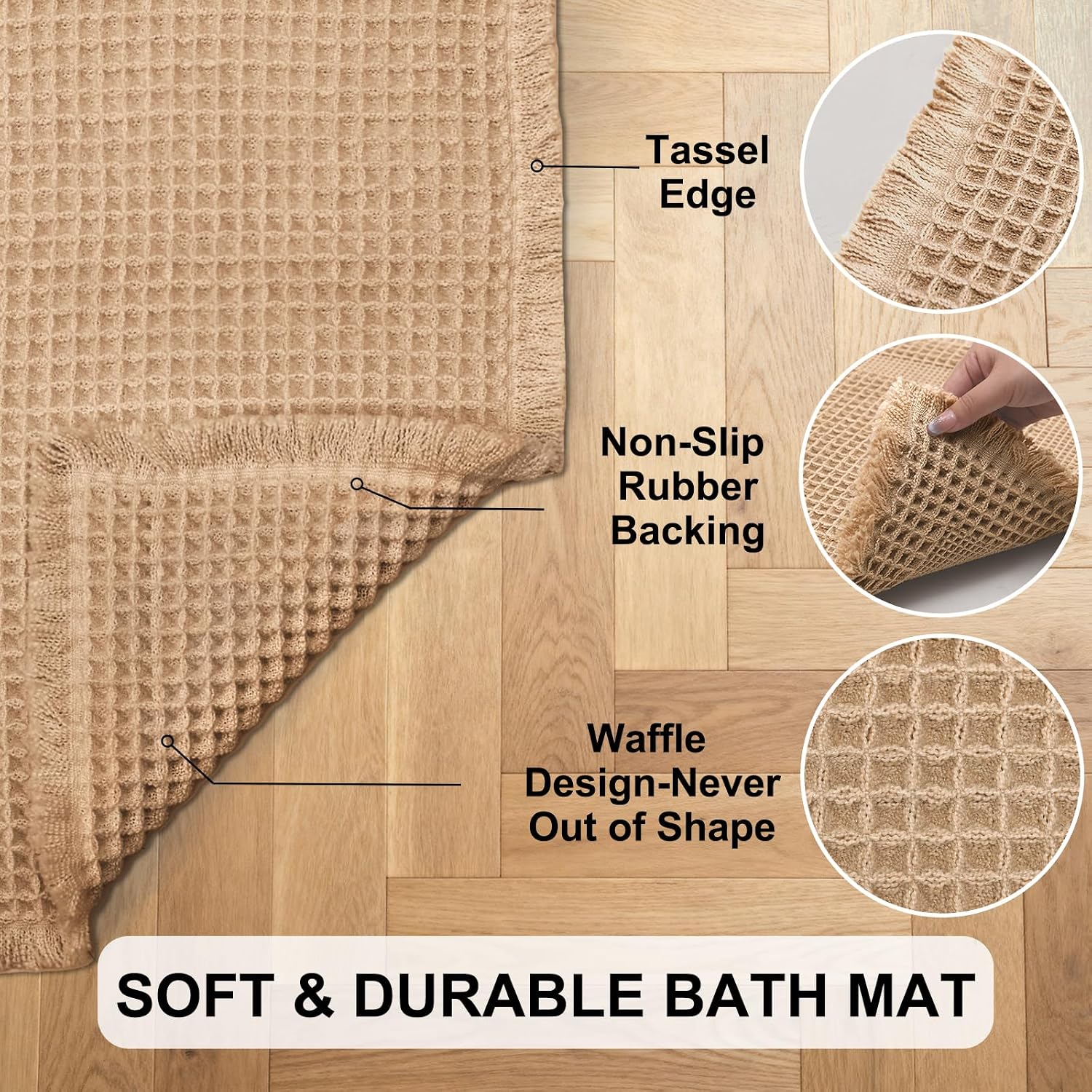 Set of 2 Brown Waffle Bath Mat 16" x 24" + 20" x 32" | Super Absorbent Non Slip Bathroom Boho Rug with Tassel