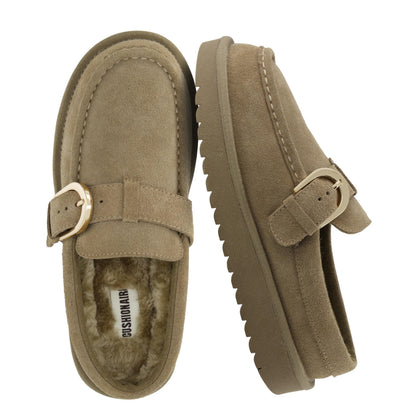 Origin Genuine Suede Mule Clogs for Women, Cozy Slip-On Moc Toe Loafer with Buckle and Faux Fur Cushioned Footbed