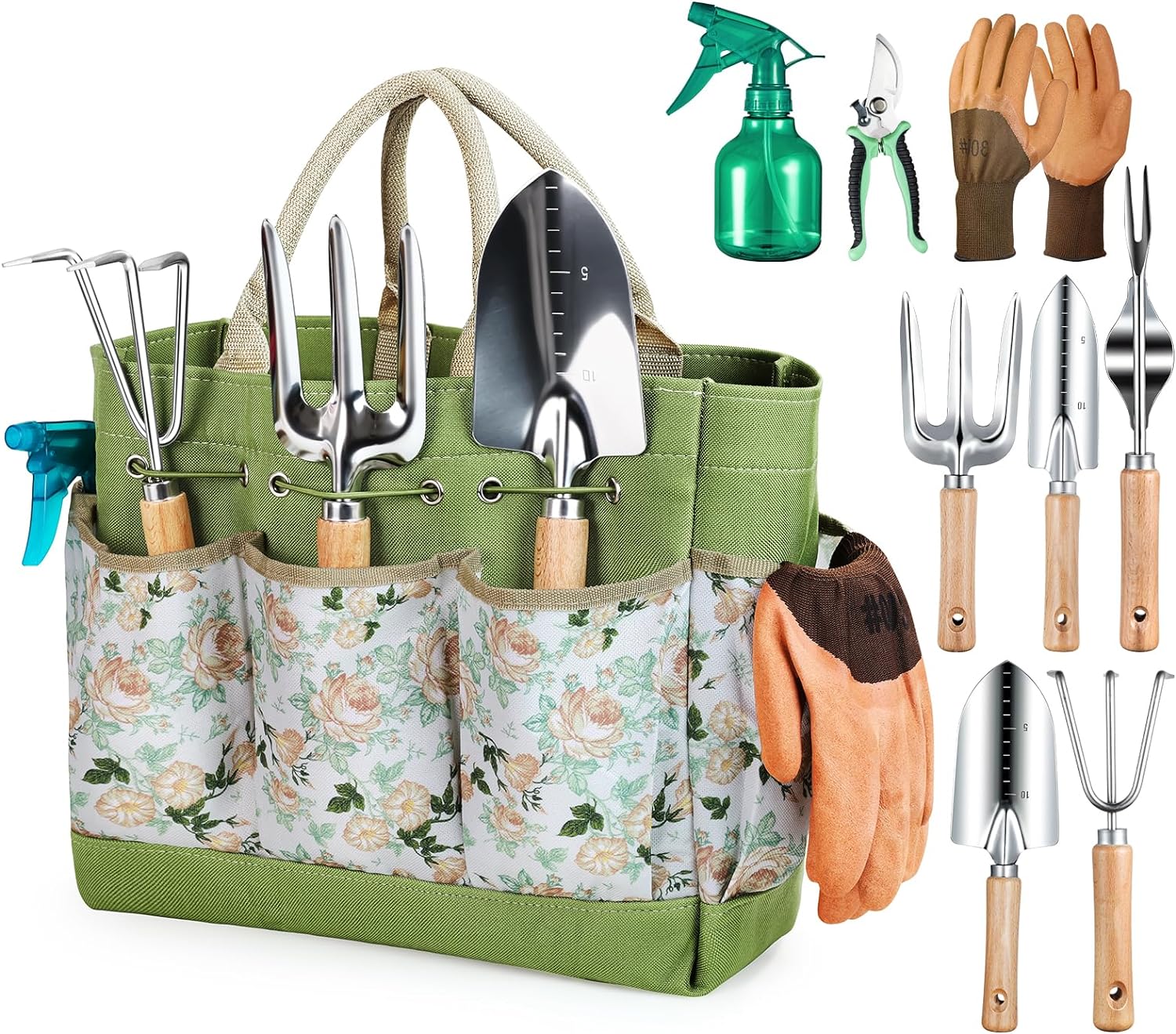 Gardening Tools 9-Piece Heavy Duty Garden Hand Tools with Fashion and Durable Garden Tools Organizer Handbag