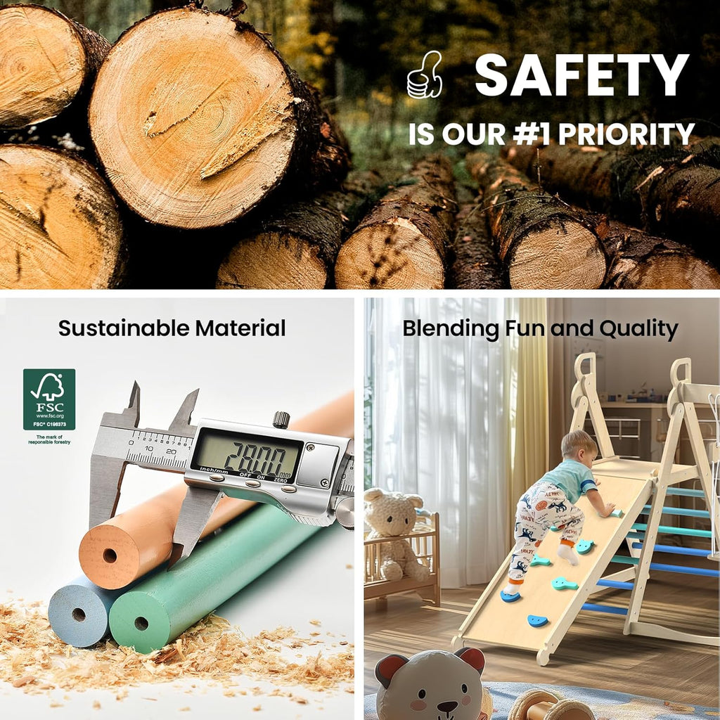 4 in 1 Indoor Jungle Gym, Foldable Wooden Climbing Set with Swing, Slide, Ladder and Climbing Wall, Montessori