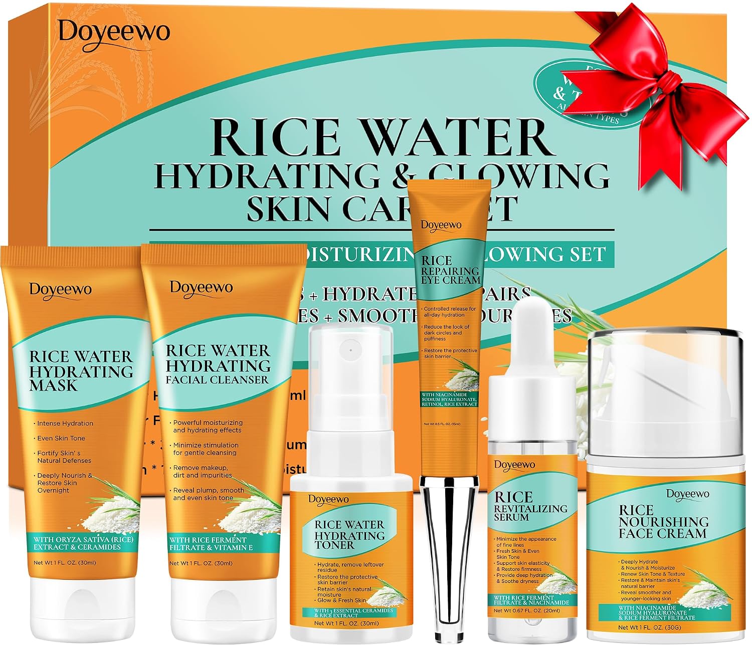 Skin Care Set,6Pcs Women Teen Glass Skincare w/Korean Rice Extract,Hydrate Glow Repair Anti-Aging Facial Routine Kit