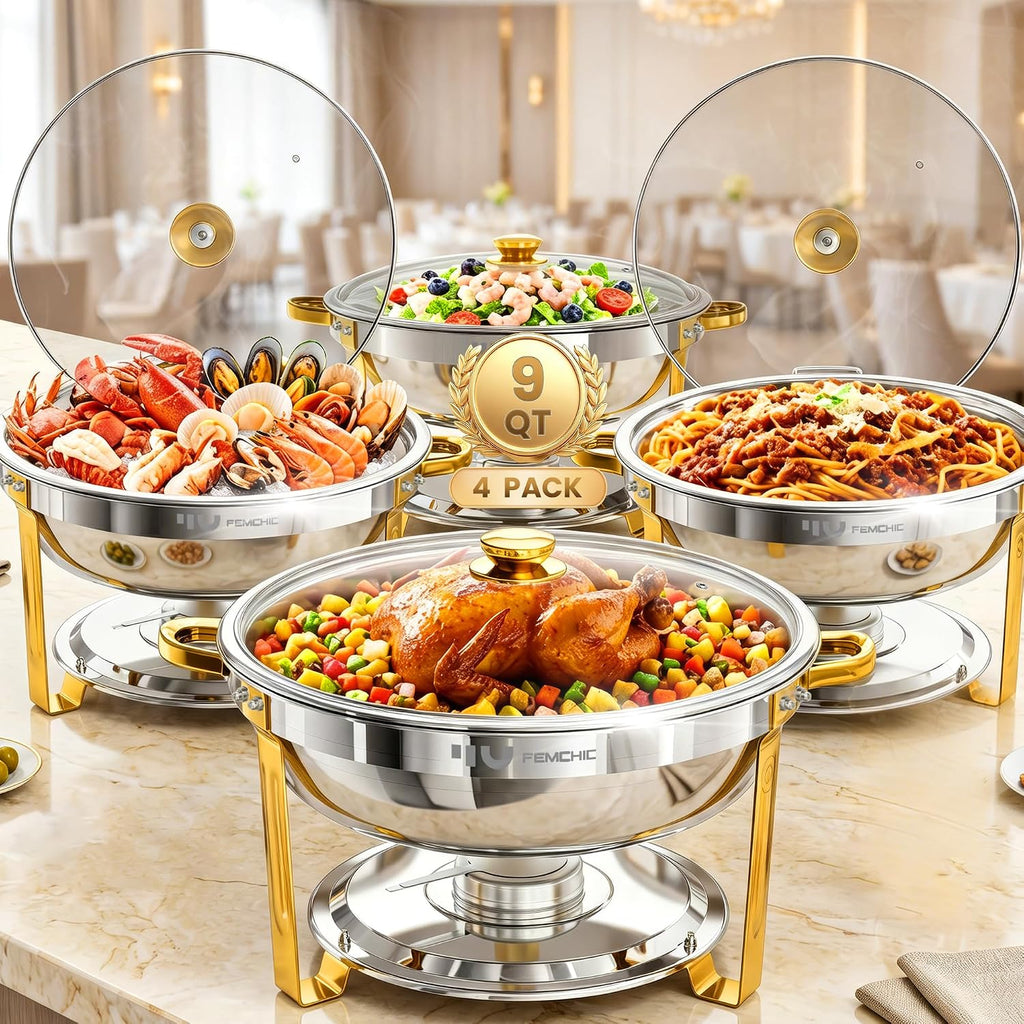 9QT Round Chafing Dishes for Buffet, 4 Pack Gold Chafer Set