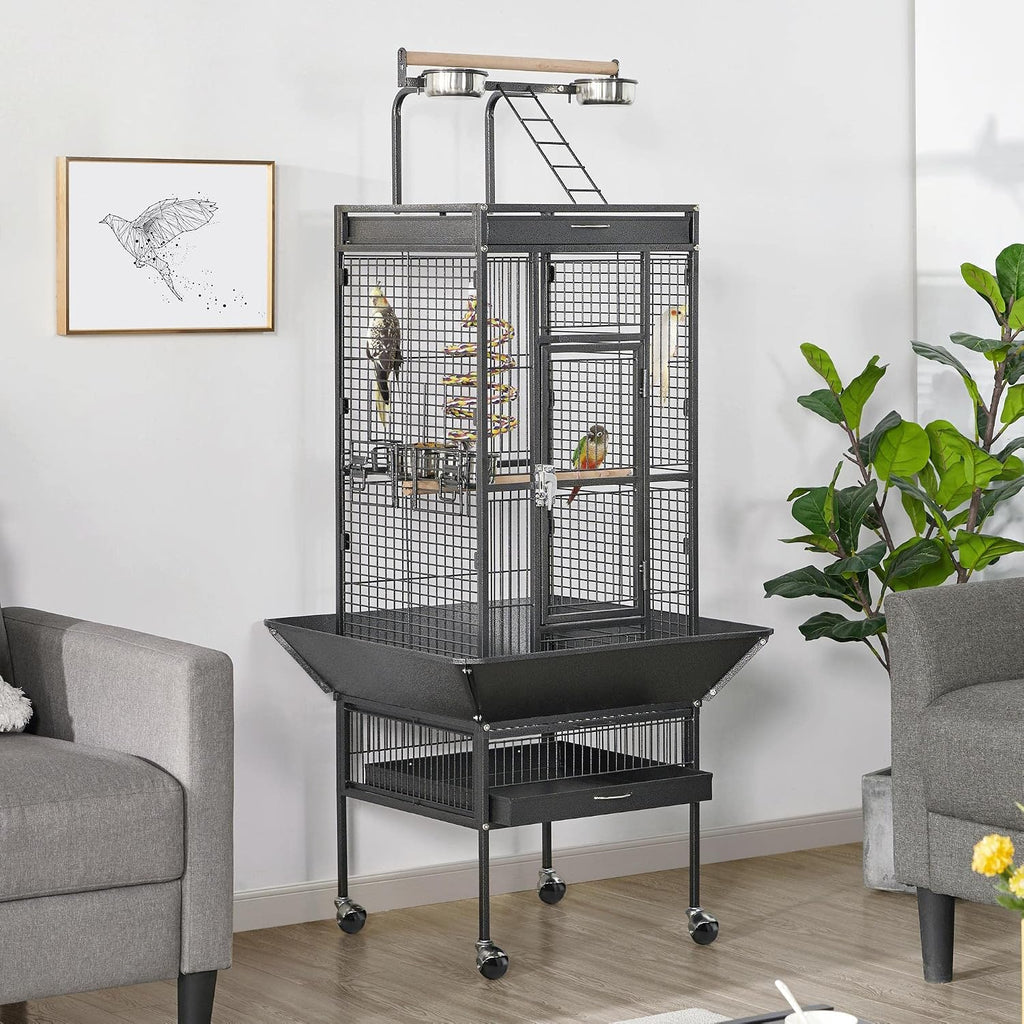 61" Playtop Parrot Bird Cage with Rolling Stand, Wrought Iron Parrot Cage for Cockatiels Quaker Conure Parakeet