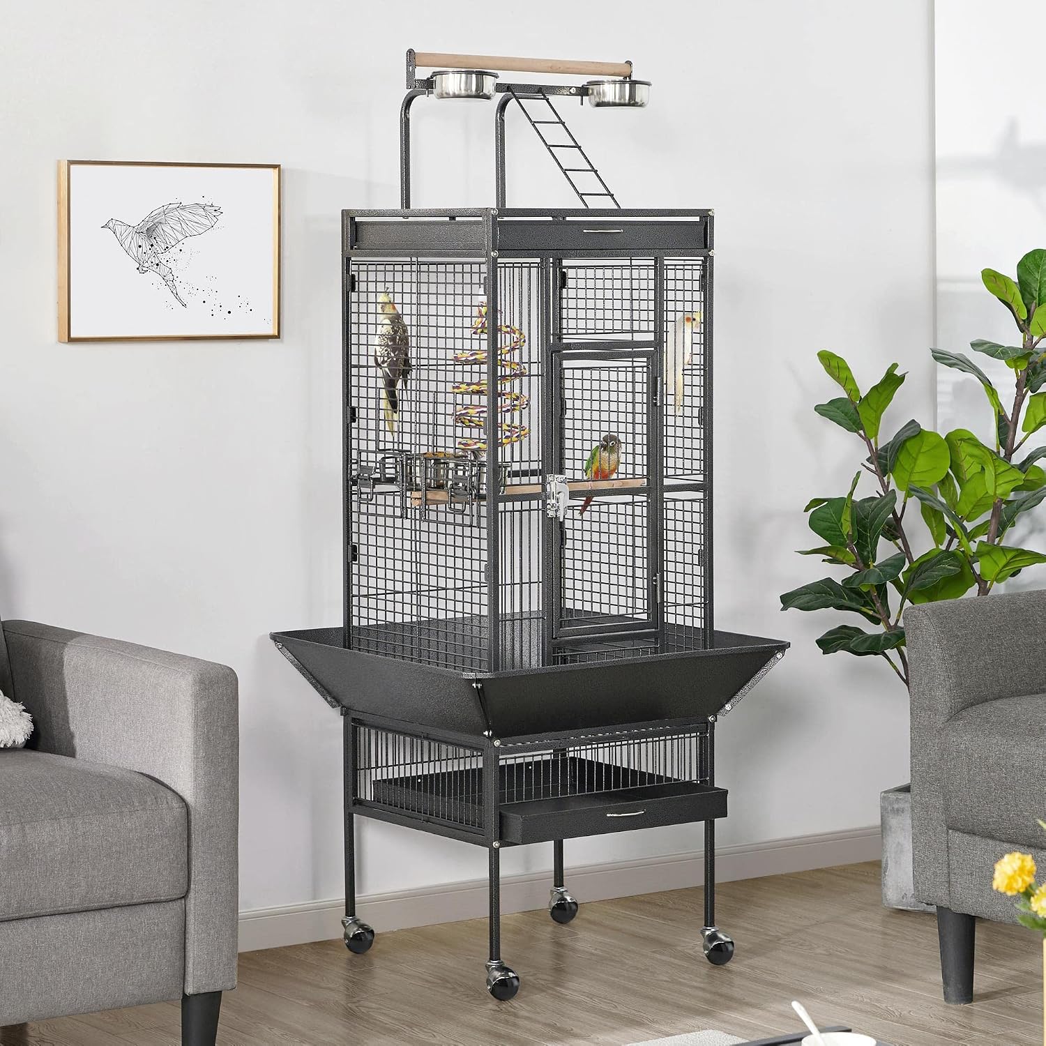 61" Playtop Parrot Bird Cage with Rolling Stand, Wrought Iron Parrot Cage for Cockatiels Quaker Conure Parakeet