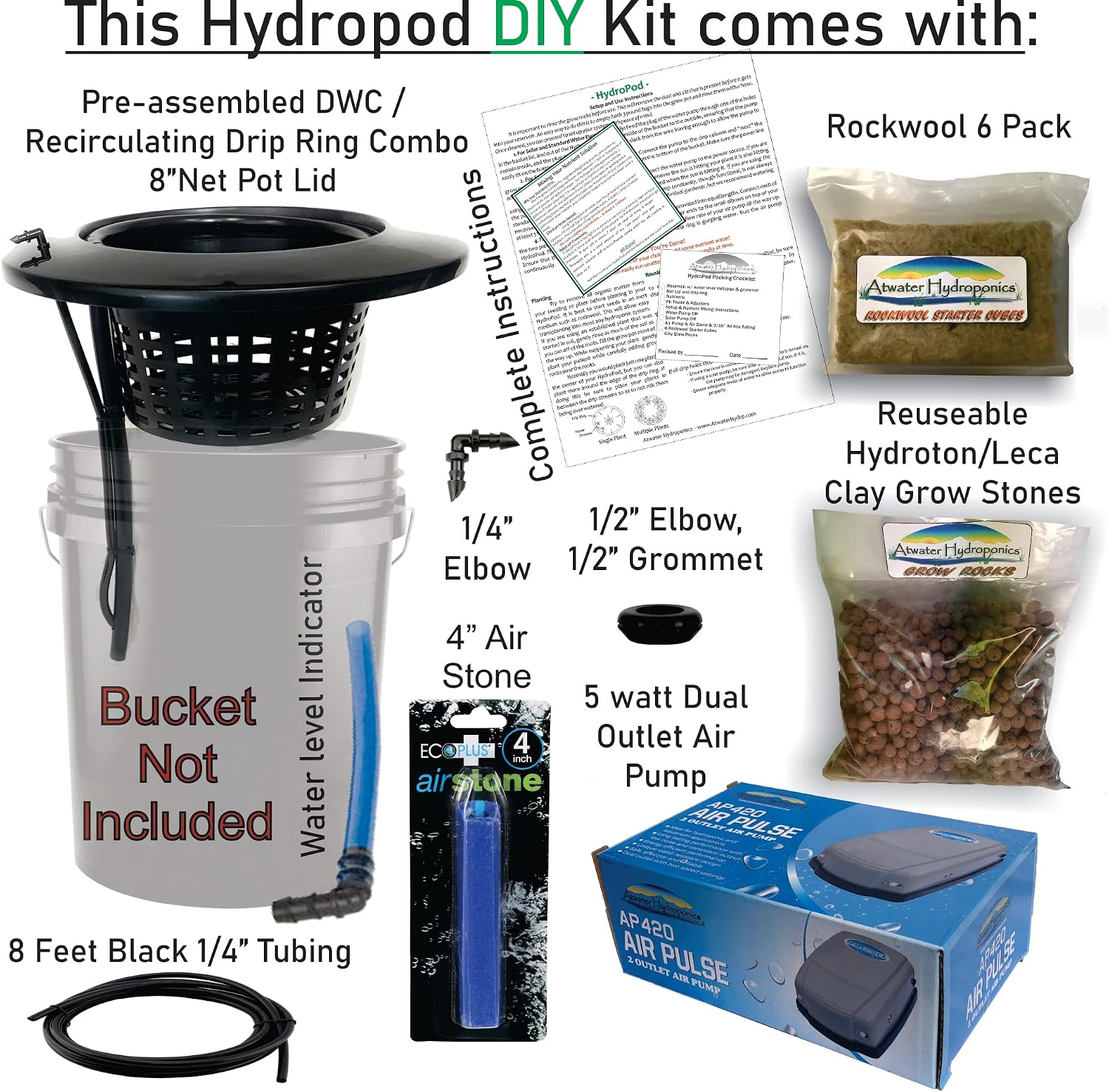 The Atwater HydroPod - Dual DWC Deep Water Culture/Recirculating Drip Hydroponic Garden System - Bubble Bucket