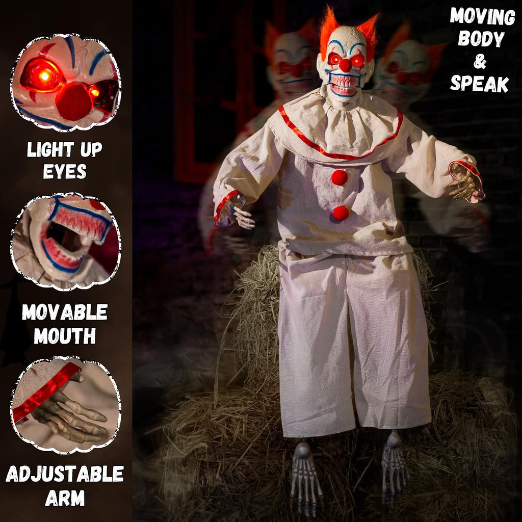 Halloween Animatronic Sitting Clown, Halloween Animated Decorations with Sound Activated, Creepy Sound, Light Up