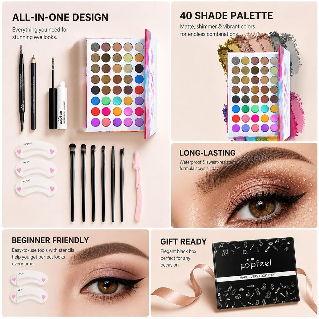 40-Color Eyeshadow Palette Eye Makeup Set (Black) | 40 Color Shade Palette All-in-One Kit Begineer Friendly Full Eye