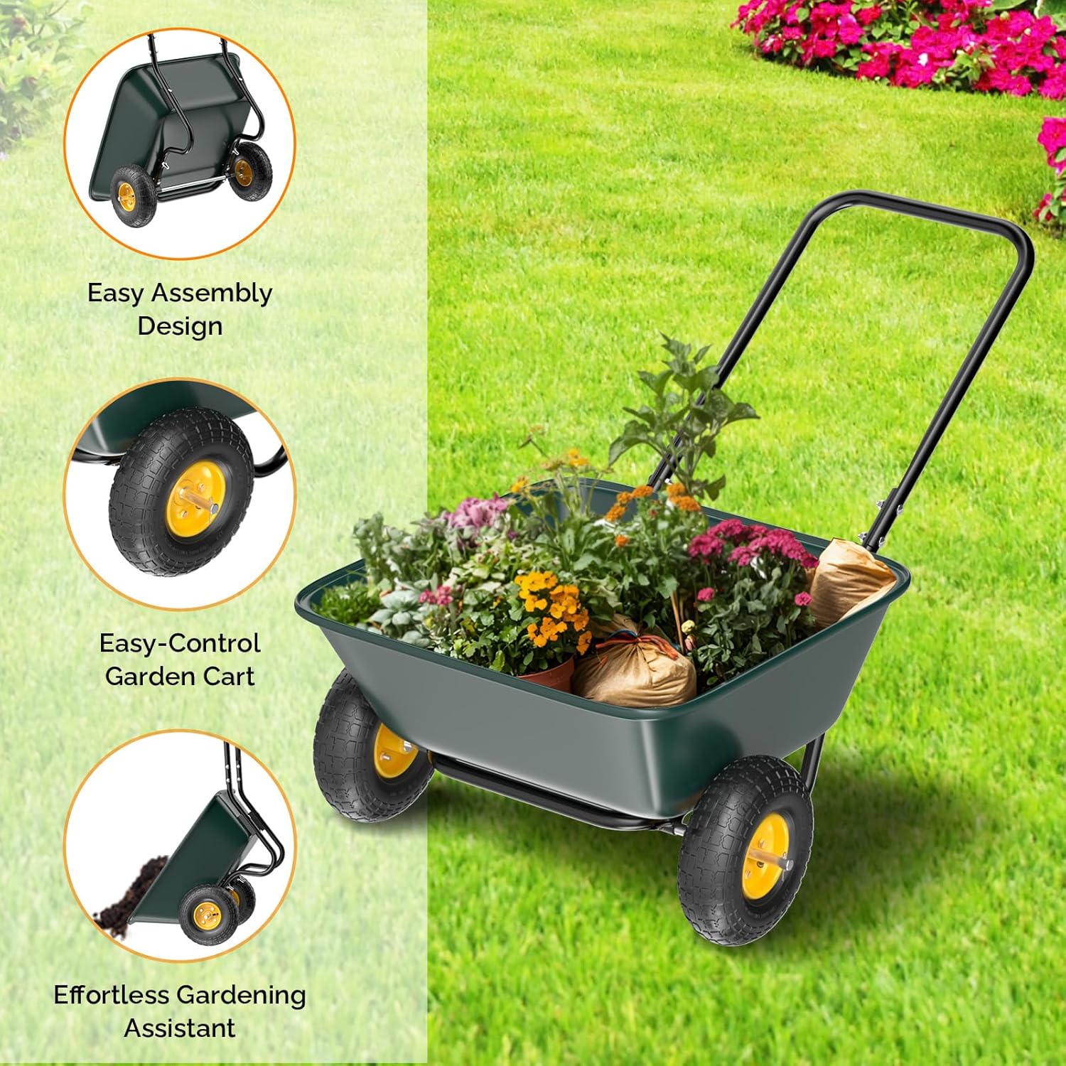 2 Wheel Wheelbarrow, Plastic and Steel Wheel Barrel, 330lbs Capacity Garden Cart for Lawn, Gardening, Construction