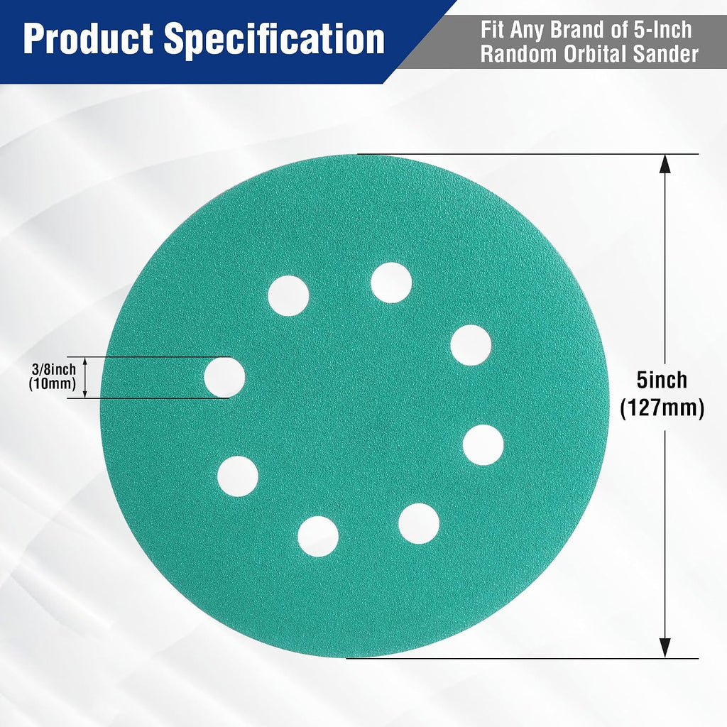 Sanding Discs Set, 5-Inch 8-Hole Hook and Loop, 150 Pack, Green | Includes 10 Grit Options from 60-600 for Random