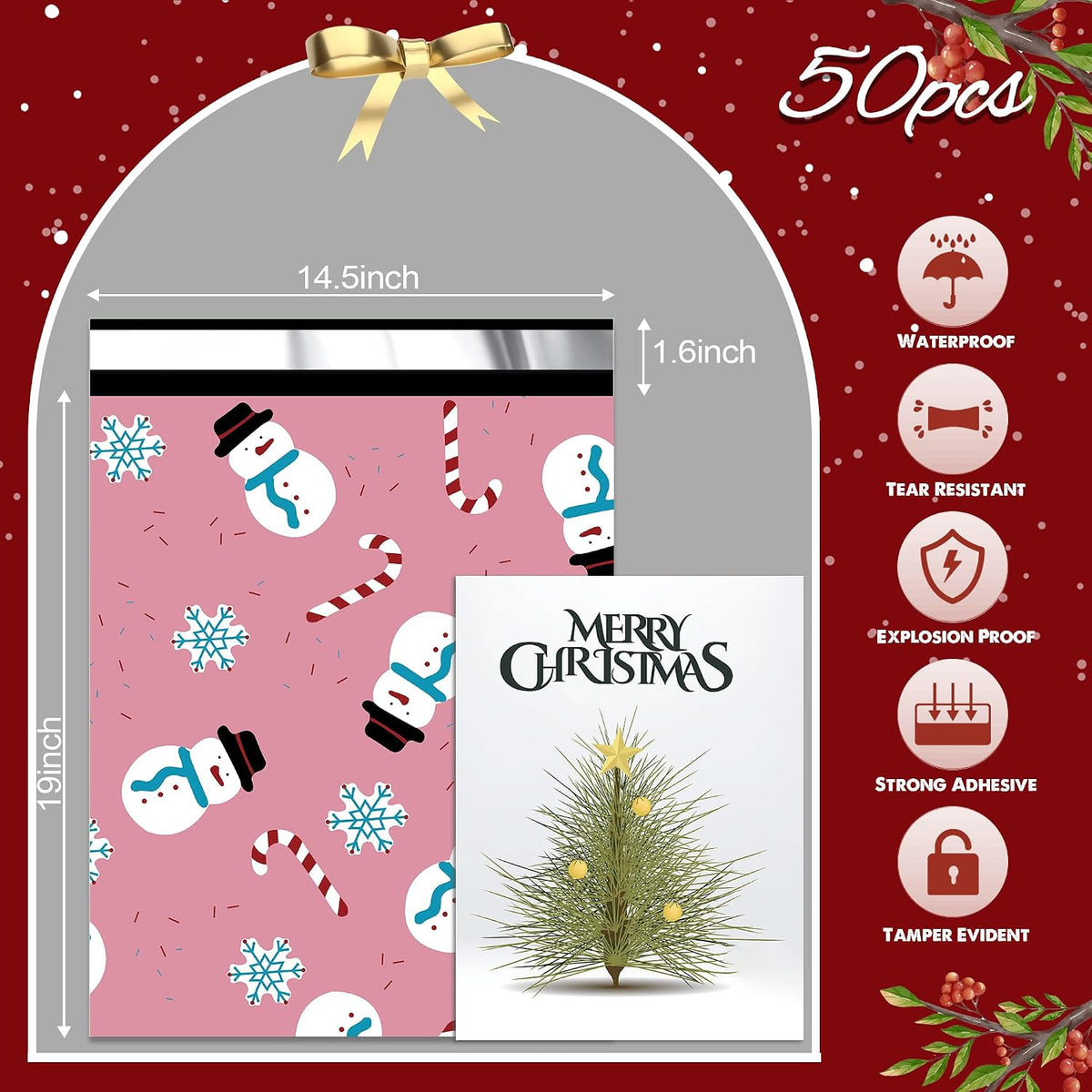 Christmas Poly Mailer 14.5x19 Inch 50 Pcs, Snowmen Printed