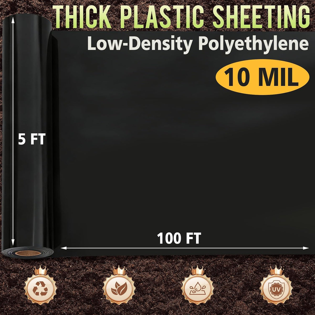10 Mil 5 FT X 100 FT Plastic Sheeting Heavy Duty Thick LLDPE Black