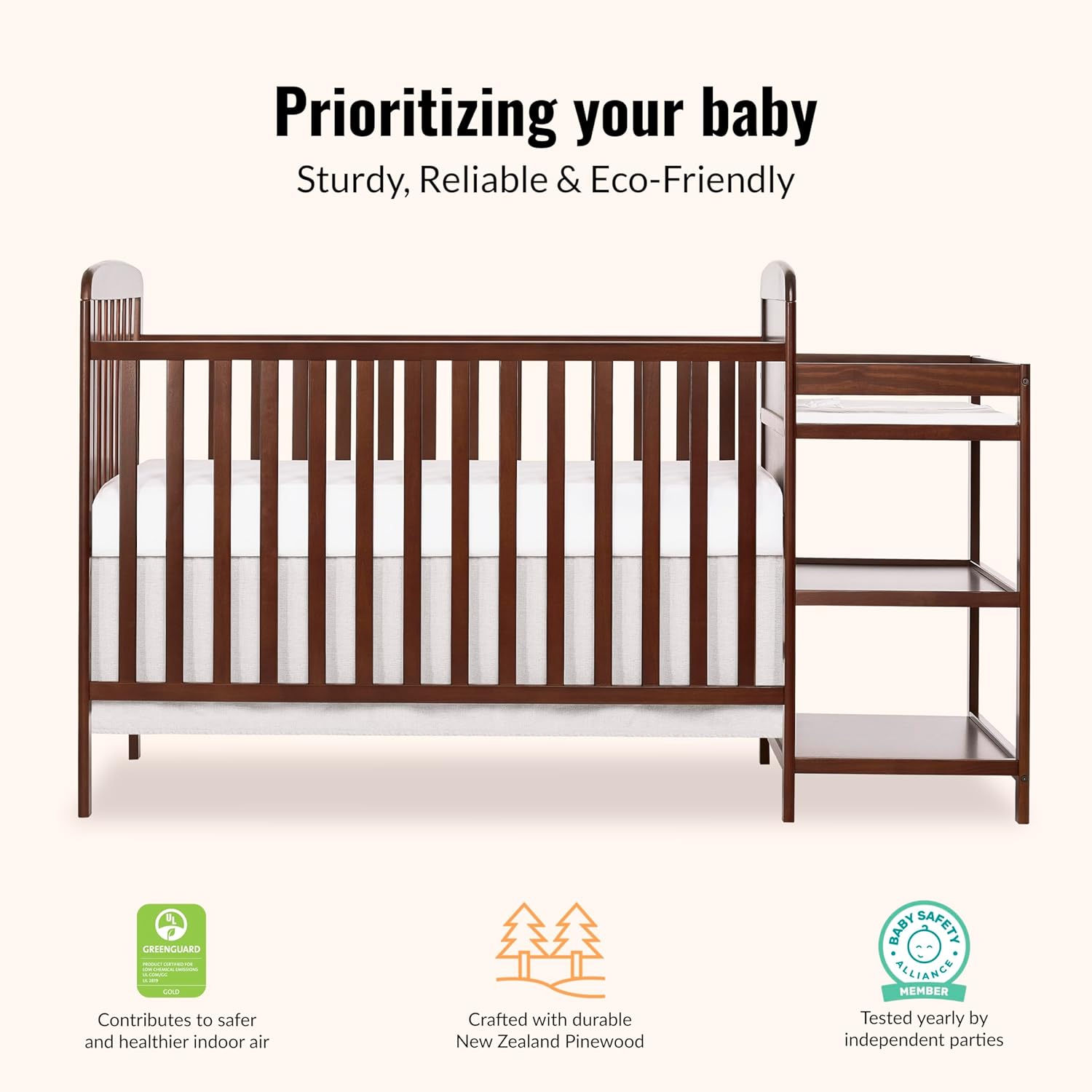 Anna 3-in-1 Full-Size Crib and Changing Table Combo in Espresso, Greenguard Gold Certified, Non-Toxic Finishes