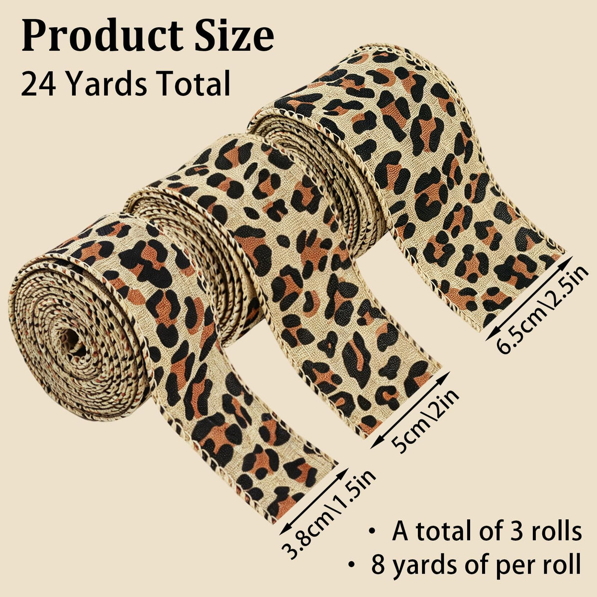 3 Rolls Leopard Pattern Satin Ribbon Total 24 Yards