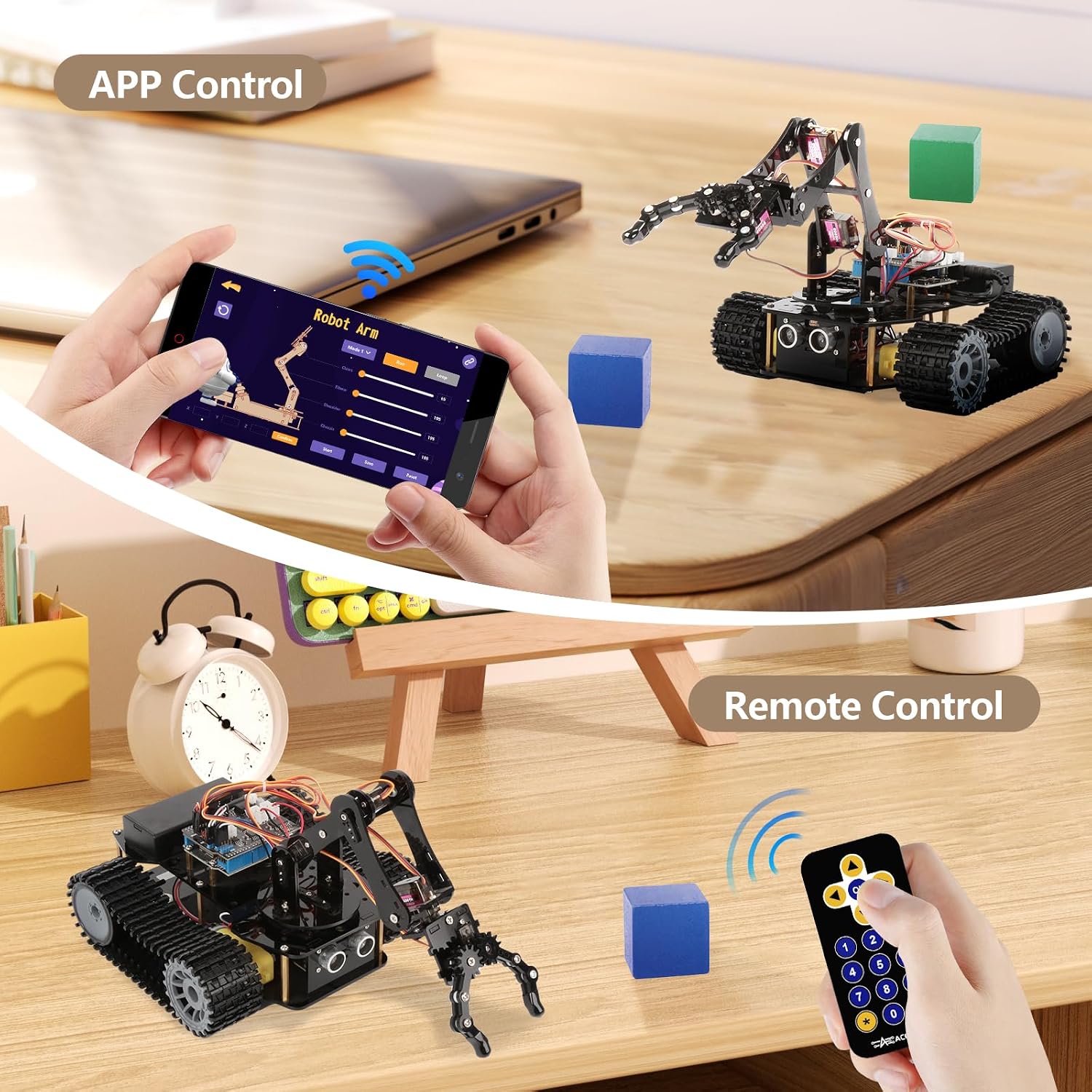 Robotics for Kids Ages 12-16, ACEBOTT 4 in 1 Smart Robot Arm with 5DOF + Tank Car, STEM Toys Coding Kit Compatible