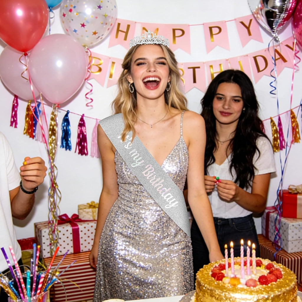 Silver Rhinestone Birthday Tiara and Sash Set, "It's my Birthday" Glitter Sash with Crystal Crown for Women, Birthday