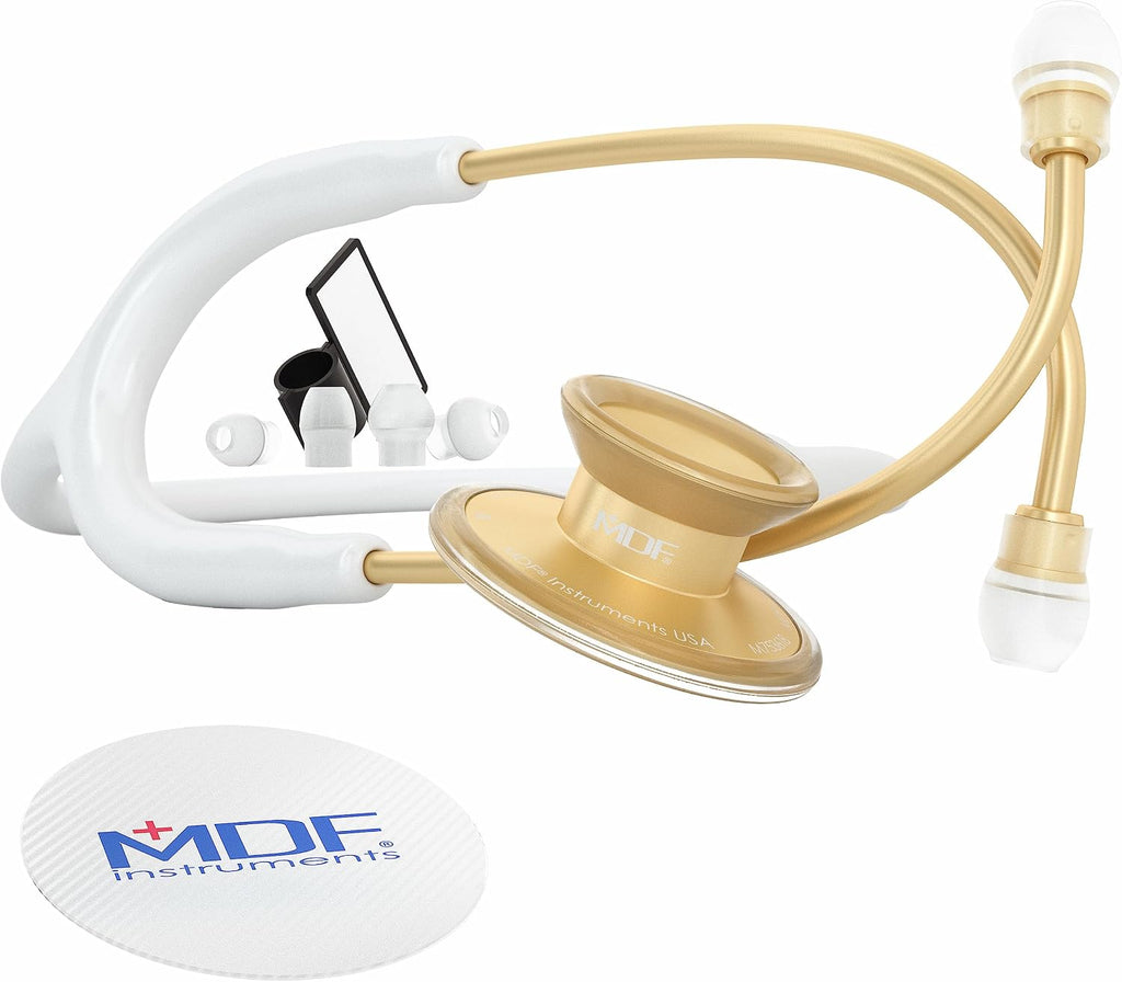 Acoustica Lightweight Stethoscope for Doctors, Nurses, Students, Home Health Use, Adult, Dual Head, White Tube, Gold