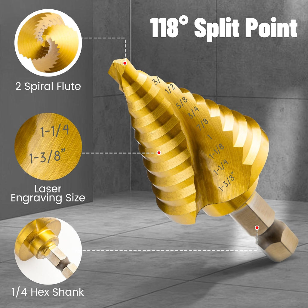 5PCS Spiral Flute Titanium HSS Step Drill Bit Set for Metal Unibit