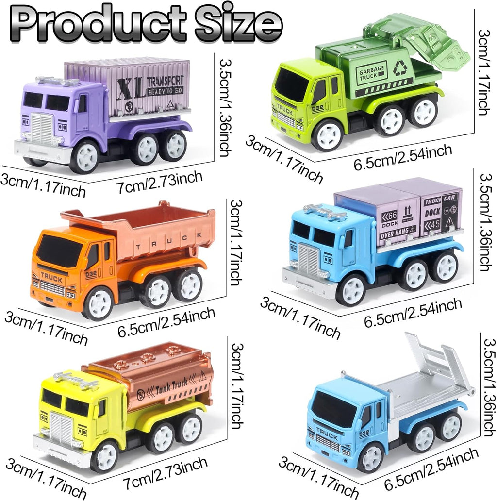 6 Diecast Trucks Toy Vehicle Set, Pull Back Cars with Movable Parts | Die-cast Mental Details, Mini Pull Back Toy
