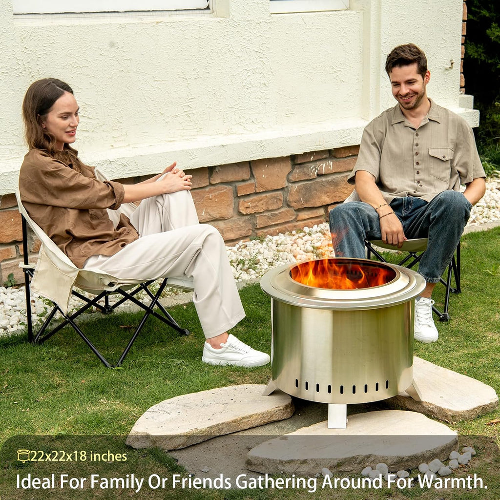 22 Inch Smokeless Fire Pit with Ash Pan Outdoor Stainless Steel