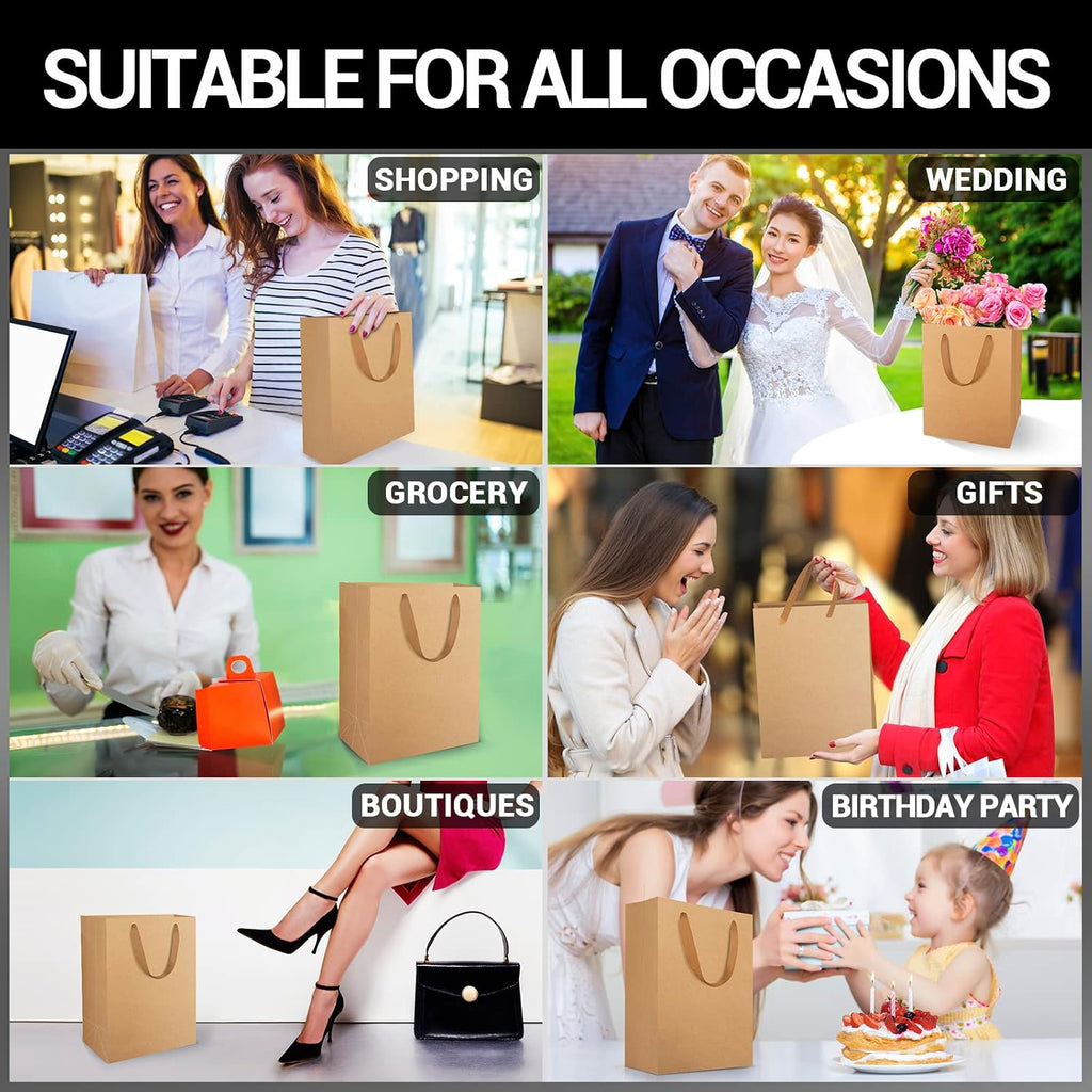 Shopping & Merchandise Bags, Medium Size 25pcs 7.8x3.9x11 inch Brown Kraft Paper Recyclable Gift Bags with Handle Bulk
