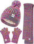 Kids Winter Hat Gloves Scarf Set,Girls Toddler Winter Hat Beanie with Pom Neck Warmer Gaiter Mittens Fleece Lined Set