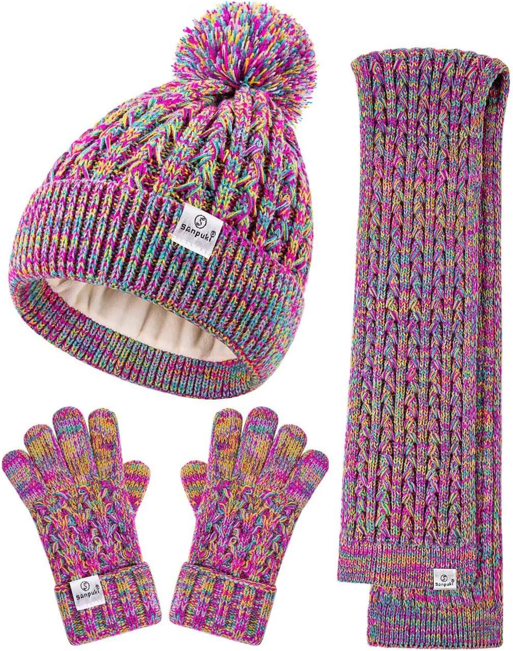 Kids Winter Hat Gloves Scarf Set,Girls Toddler Winter Hat Beanie with Pom Neck Warmer Gaiter Mittens Fleece Lined Set