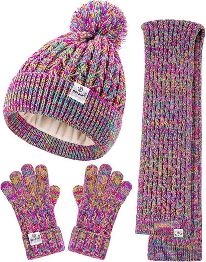 Kids Winter Hat Gloves Scarf Set,Girls Toddler Winter Hat Beanie with Pom Neck Warmer Gaiter Mittens Fleece Lined Set