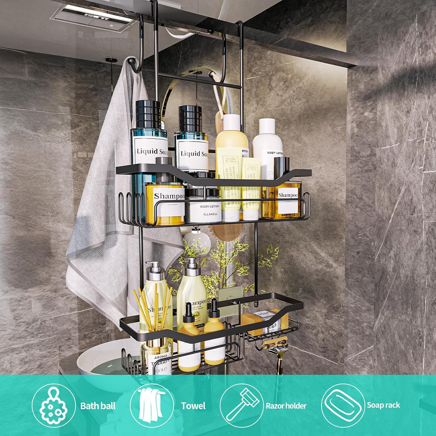 Hanging Shower Caddy Over the Door with Soap Holder, No Drilling Adhesive Shower Organizer with 11 Hooks, Rustproof &
