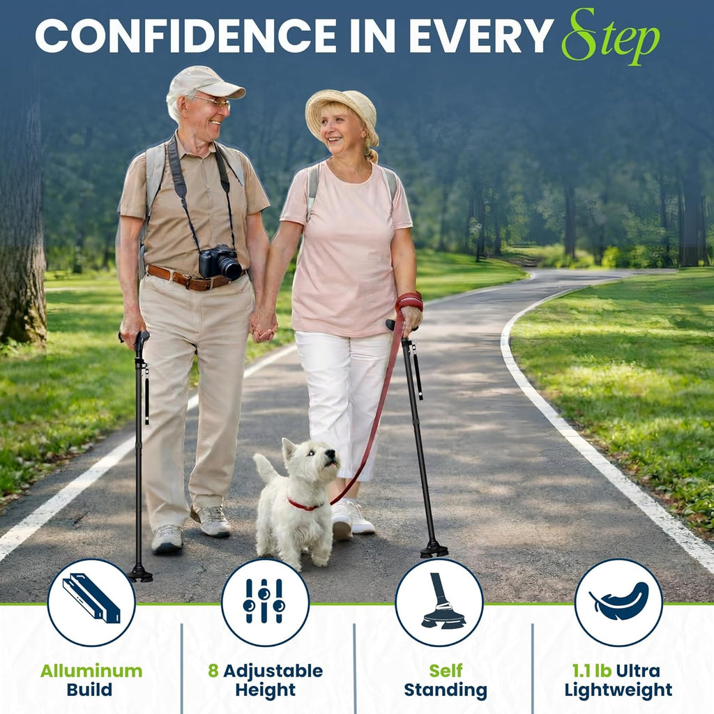 Walking Cane for Men & Women – Foldable, Adjustable, Self-Standing Cane with 360° Pivot Base, Comfortable Grip, Heavy