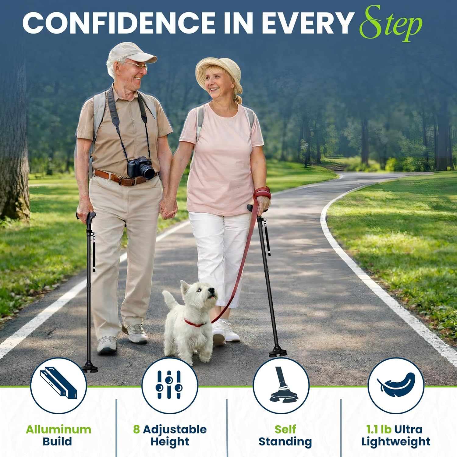 Walking Cane for Men & Women – Foldable, Adjustable, Self-Standing Cane with 360° Pivot Base, Comfortable Grip, Heavy