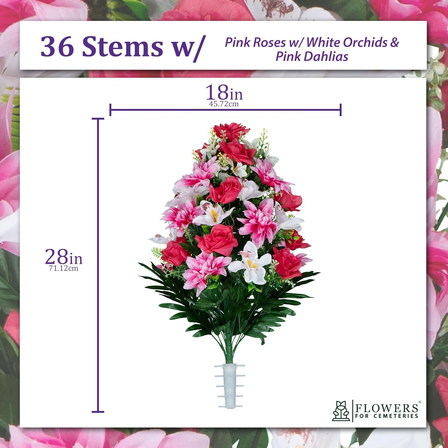 Artificial Cemetery Flowers - Gravesite Flowers - Pink Roses with White Orchids and Pink Dahlias - (1) Bouquet