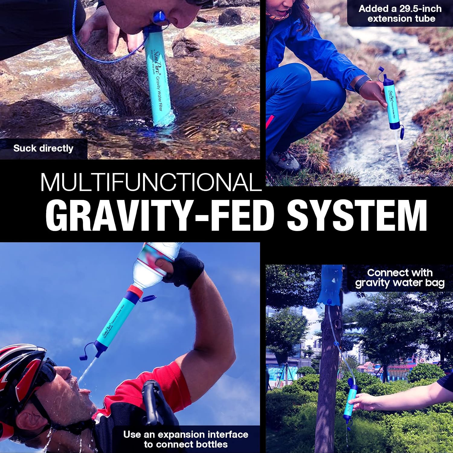 Portable Gravity-Fed Water Filter with 3L Bag | Gravity Water Purifier with Tree Strap, BPA Free Survival Gear and