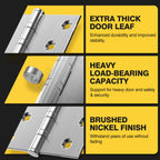Ball Bearing Door Hinges, 4 x 4 Inches, Brushed Nickel, 3 Pack