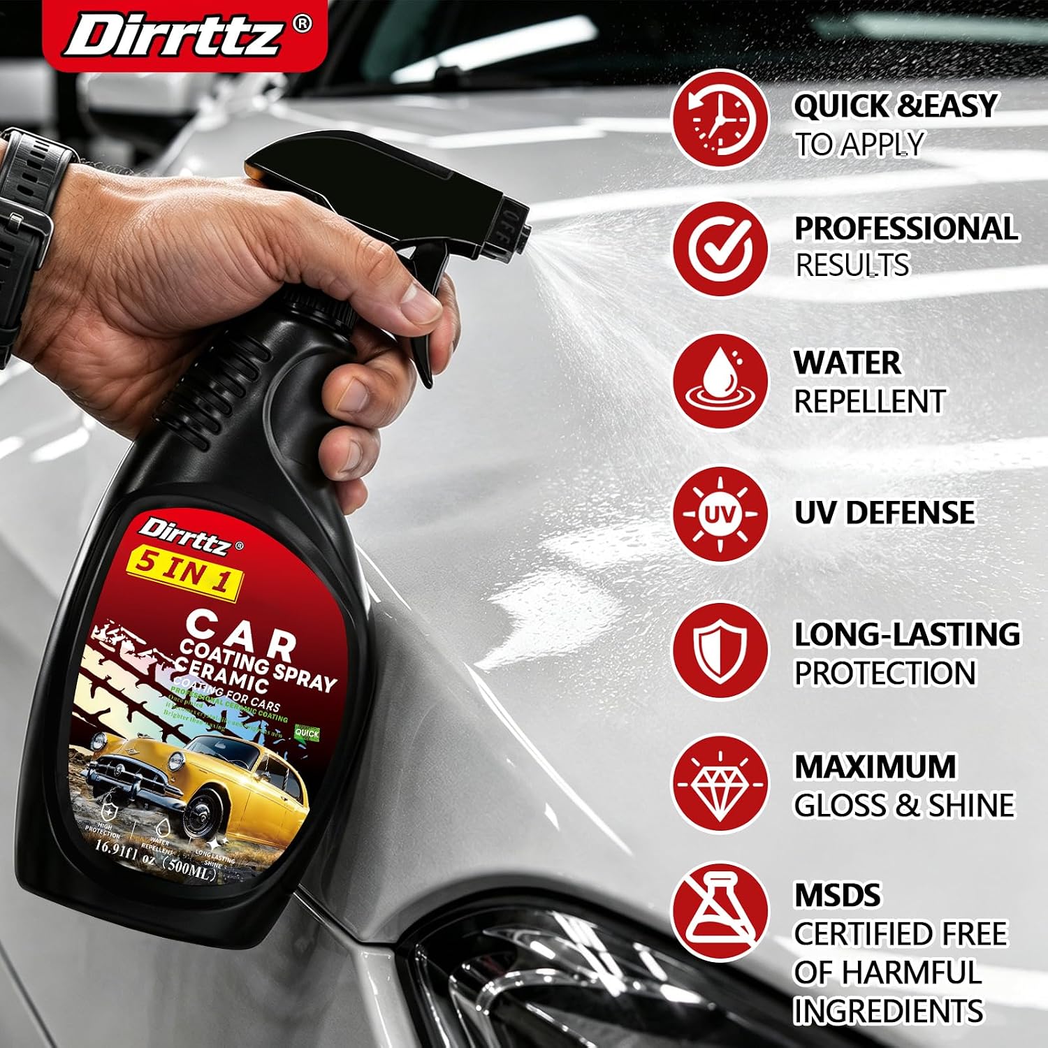Ceramic Coating for Cars Polish (16 Fl Oz)Hydrophobic Car Wax Spray | Deep Gloss Shine, Hydrophobic Water Beading