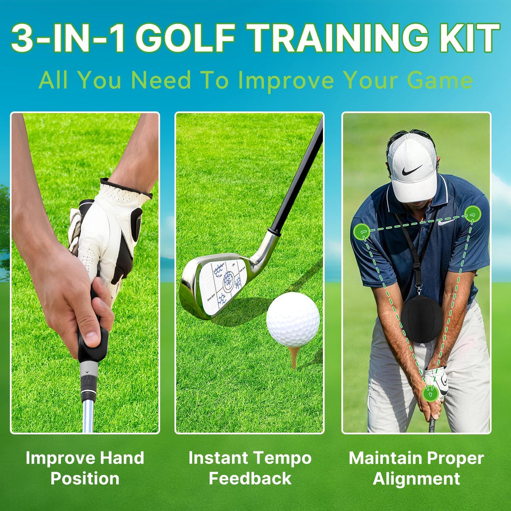 Golf Training Aids Kit, 3-in-1 Swing Training Set with Trainer Grip, Impact Tape for Golf Clubs, Inflatable Golf