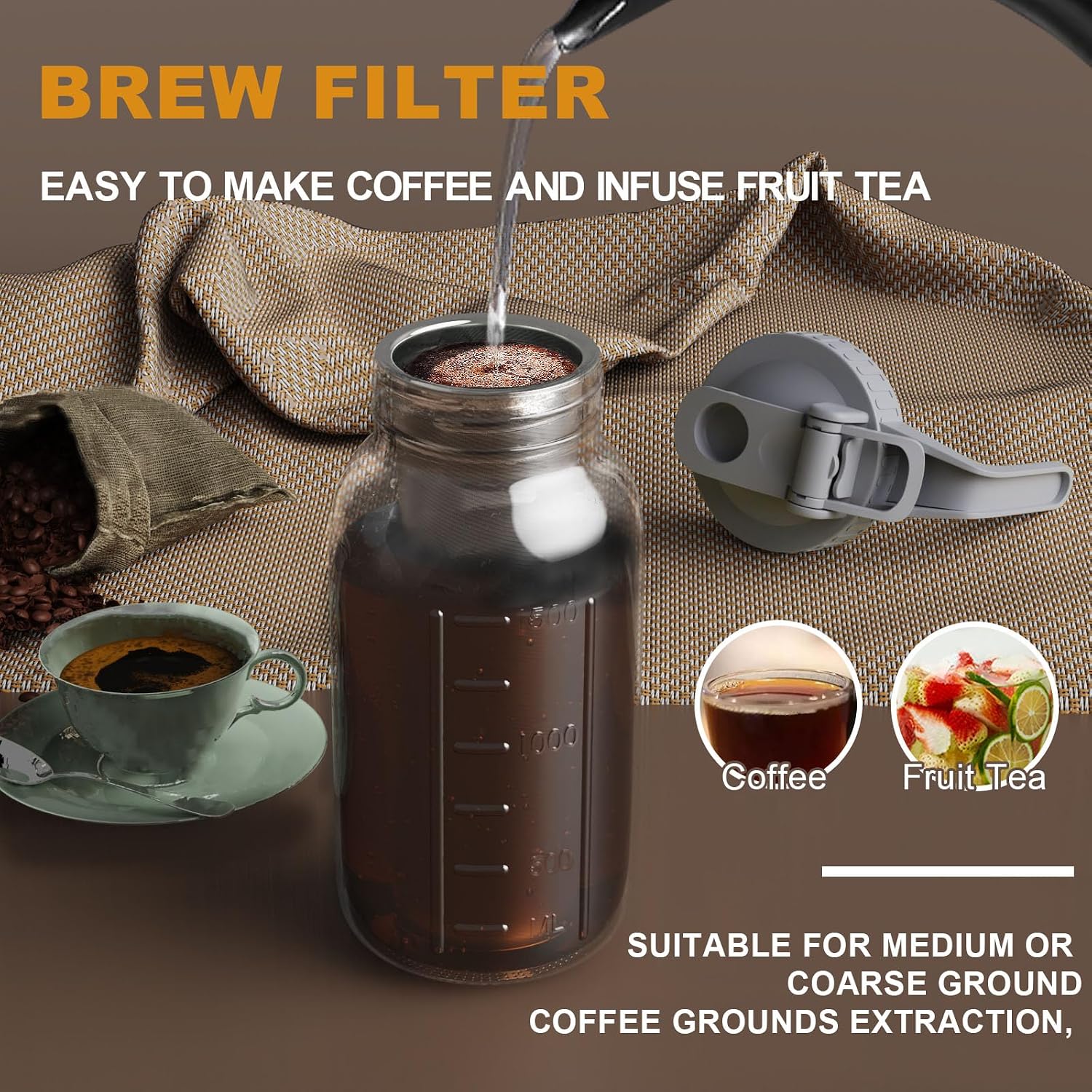 Cold Brew Coffee Maker, 32 oz Glass Mason Pitcher | 100μm stainless steel filter, wide mouth design, leak-proof lid